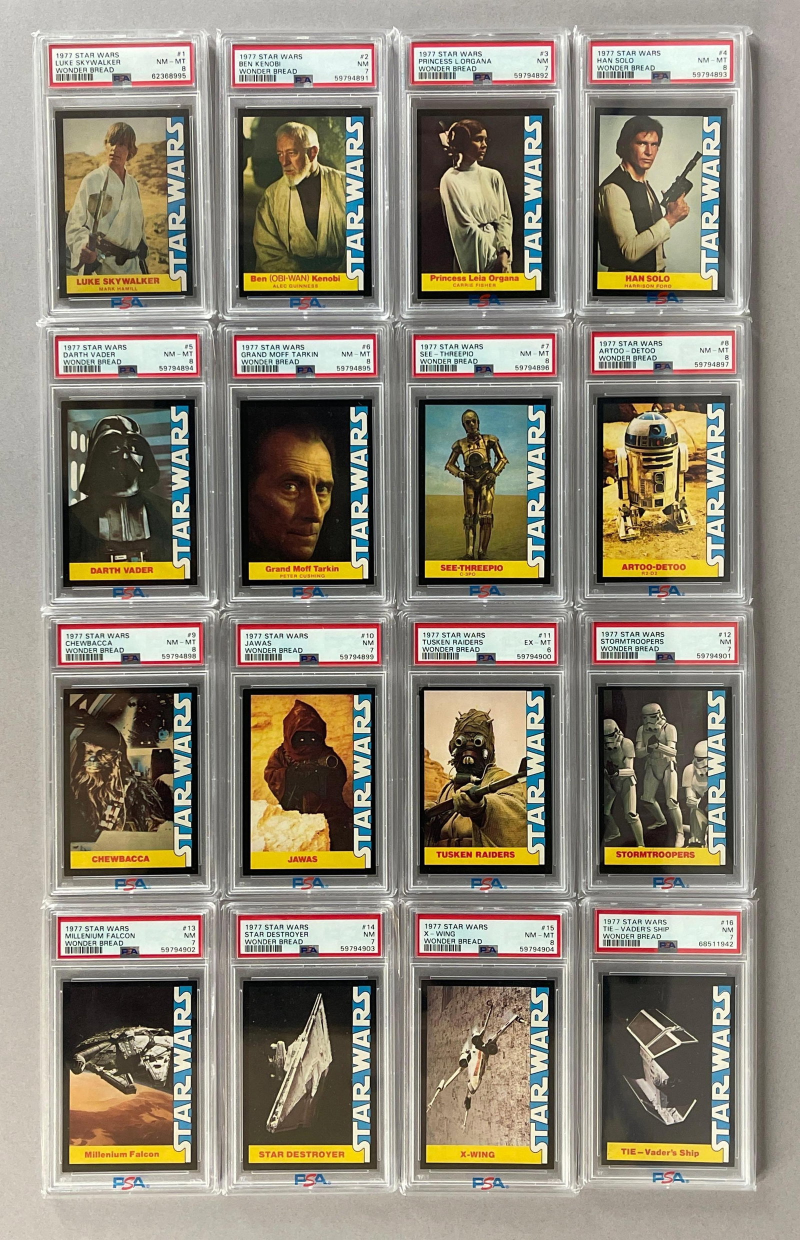 1977 Star Wars Wonder Bread Complete PSA Graded Set: Tough black border set, Most look better than the grade, Includes 8 - PSA 8s, 7 - PSA 7s, 1 - PSA 6