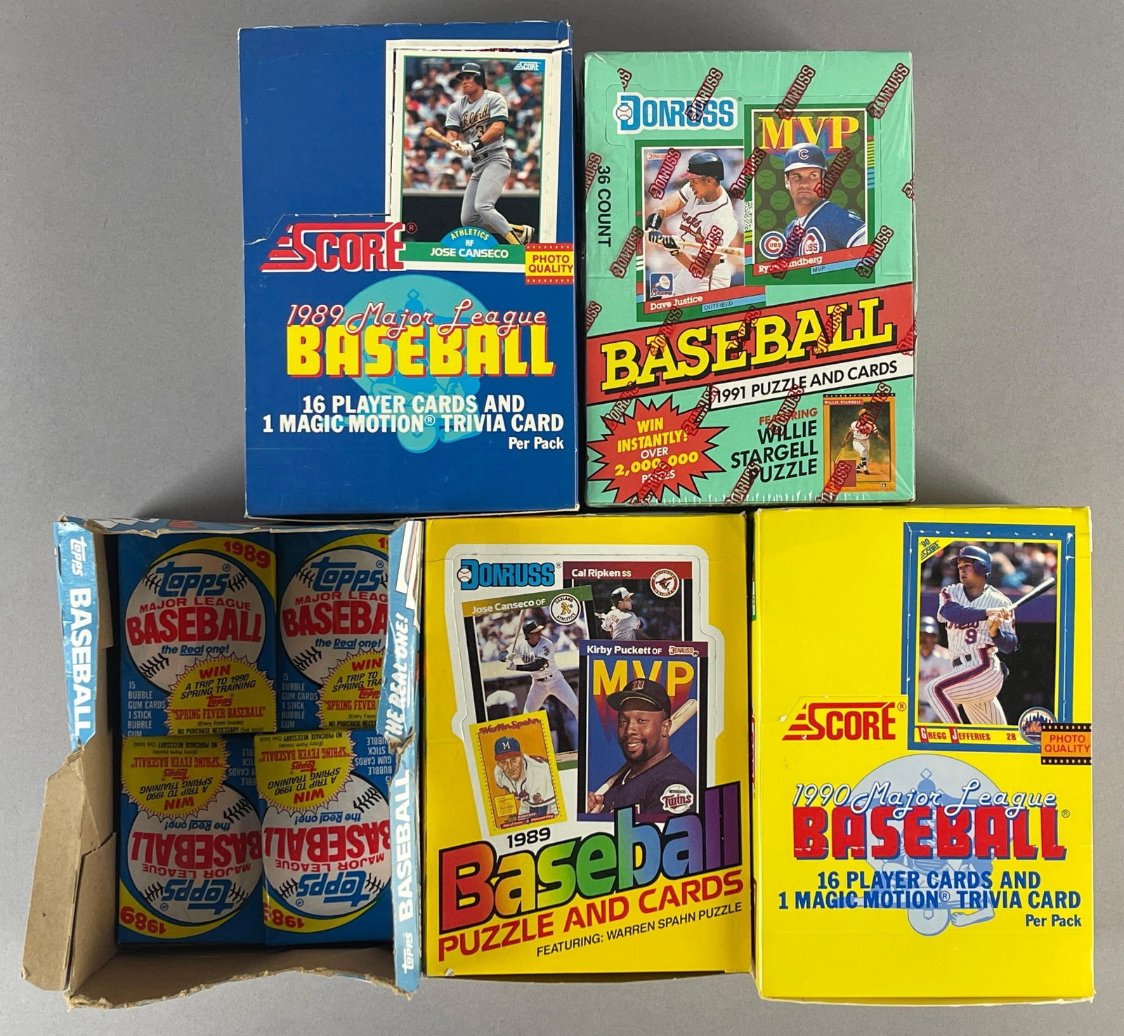 4 - 1989 - 91 Score and Donruss Wax Boxes + 10 - 1989 Topps Baseball Wax Boxes: 1989 and 90 Score, 1989 and 91 Donruss, 10 - 1989 Topps Baseball Wax Packs and Empty Box