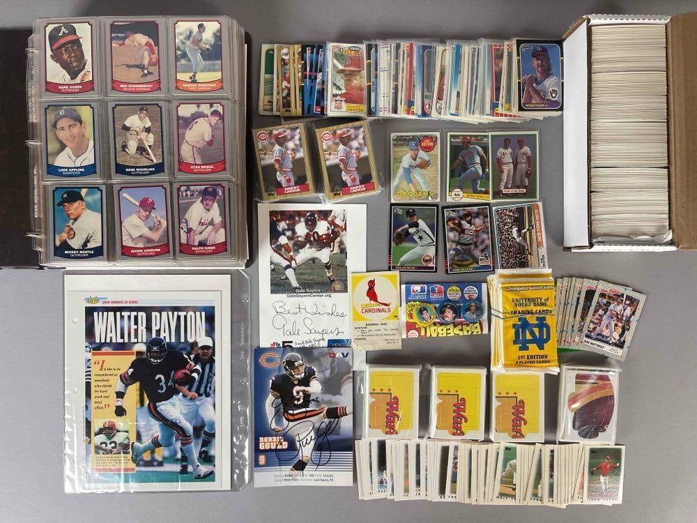 Large Collection of Sports Cards, Unopened and Gale Sayers Auto: 100 - 1987 Topps Barry Larkin Rookies, Gale Sayer Auto, 13 - Notre Dame Unopened Packs, 9 - 1990 Topps All-Star Glossy Sets, and some vintage