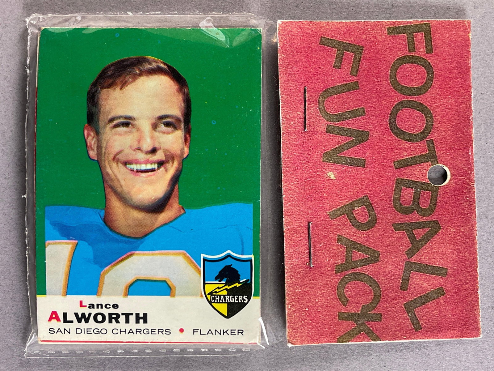 1969 Topps Football West Corps Cello Fun Pack Lance Alworth on Top: 10 - Cards per pack, West Corp was a repacking company in the 1970s