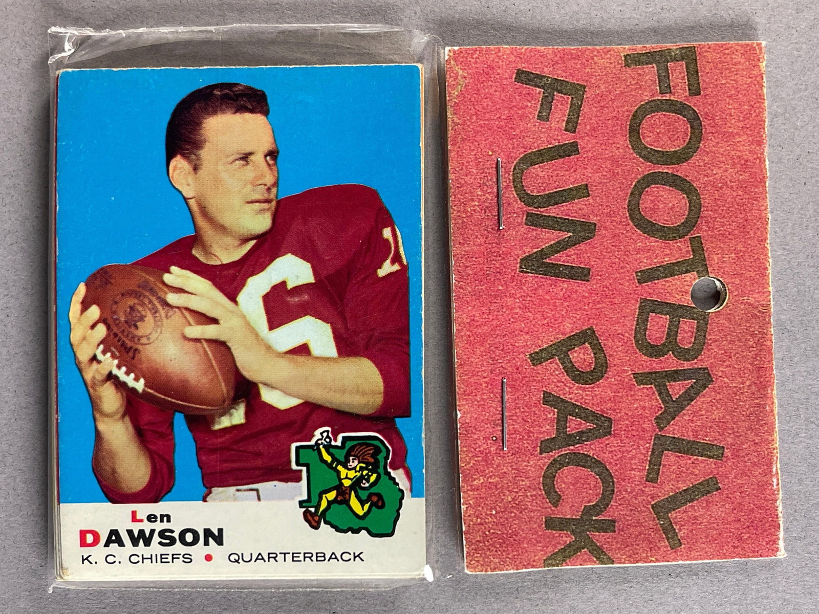 1969 Topps Football West Corps Cello Fun Pack with Len Dawson on Top: 10 - Cards per pack, West Corp was a repacking company in the 1970s