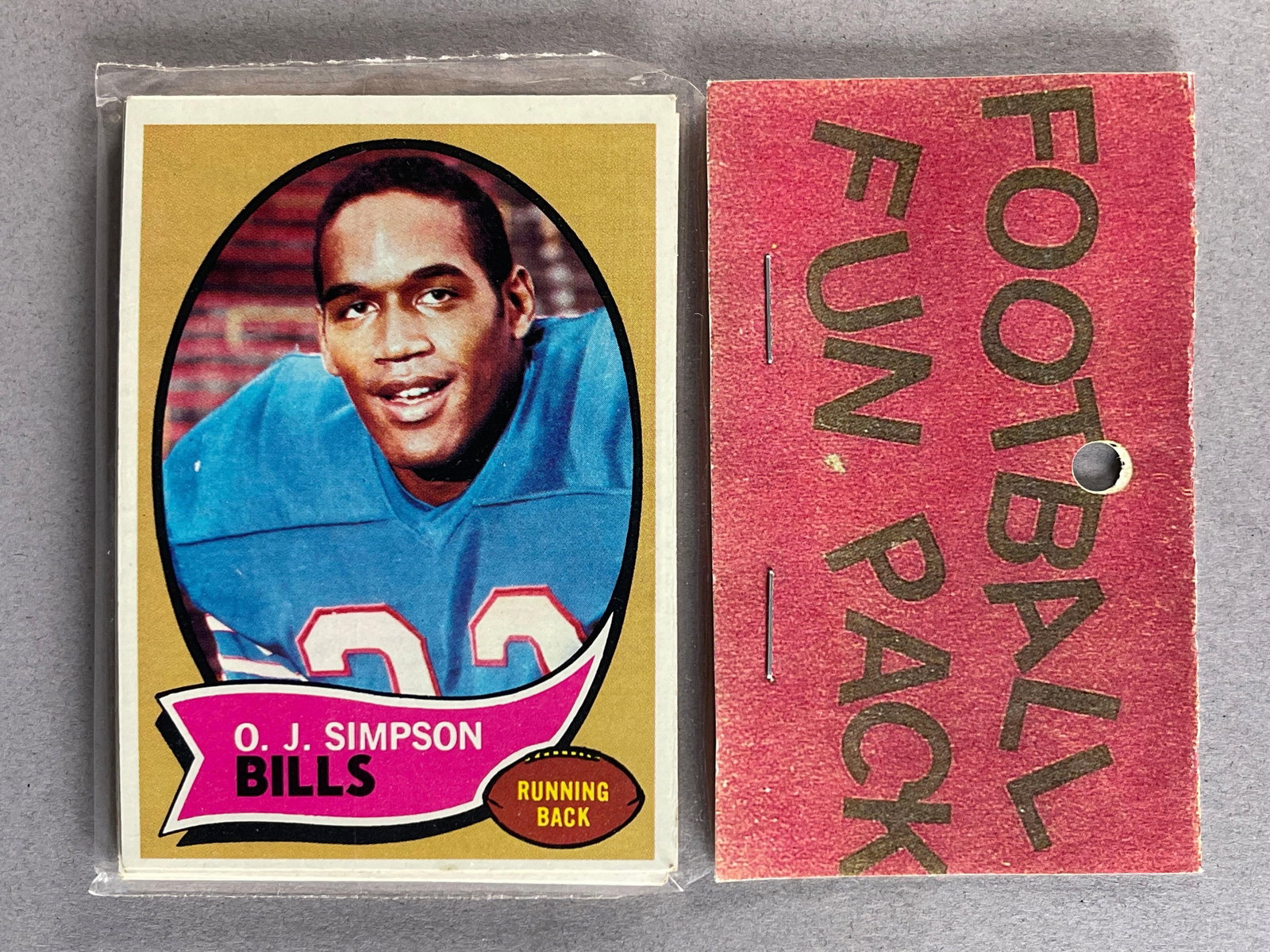 1970 Topps Football West Corps Cello Fun Pack with O.J. Simpson Rookie on Top: 10 - Cards per pack, West Corp was a repacking company in the 1970s