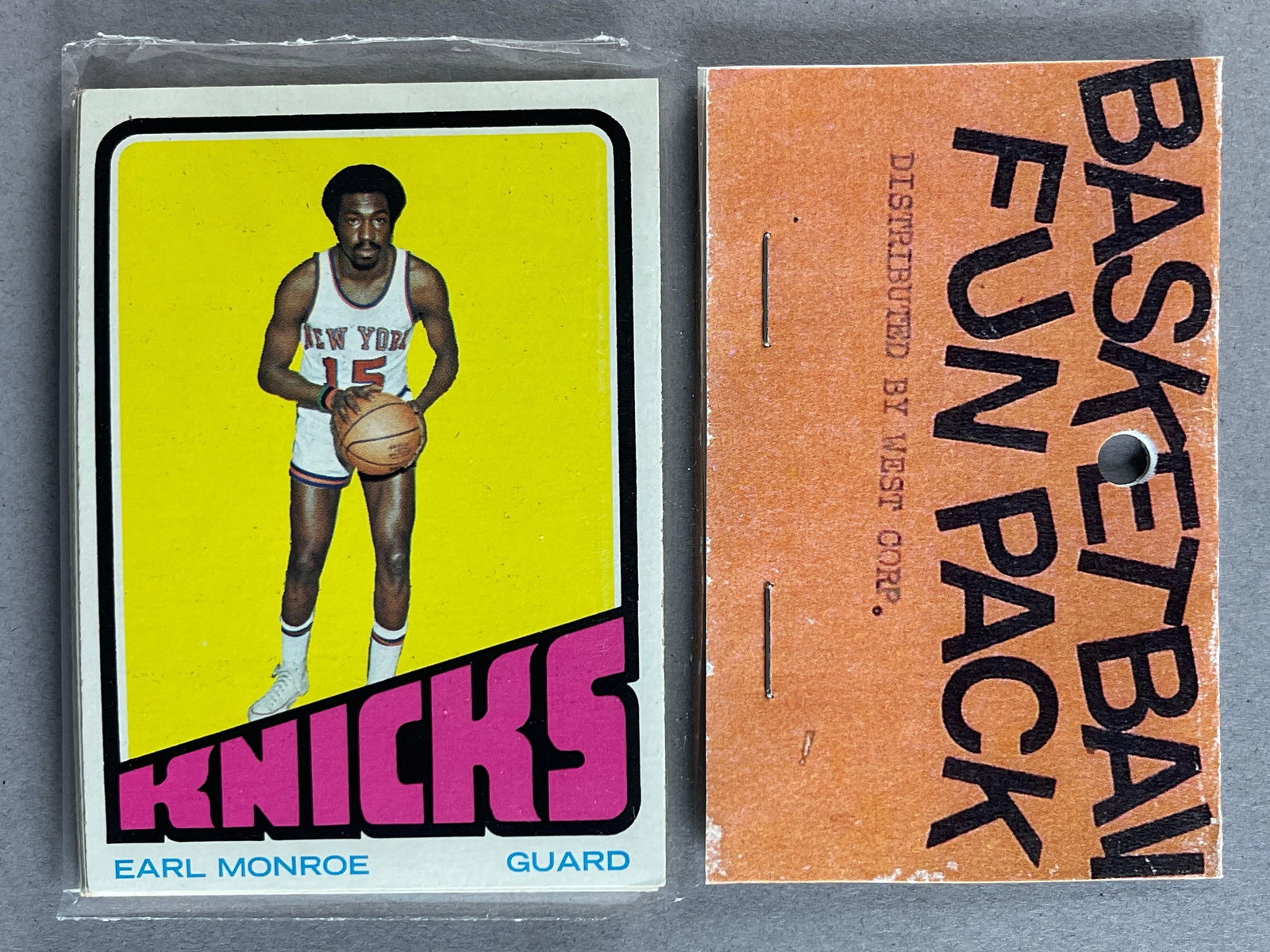 1972 Topps Basketball West Corps Cello Fun Pack with Earl Monroe on Top: 10 - Cards per pack, West Corp was a repacking company in the 1970s,?Possible Julius Erving Rookie
