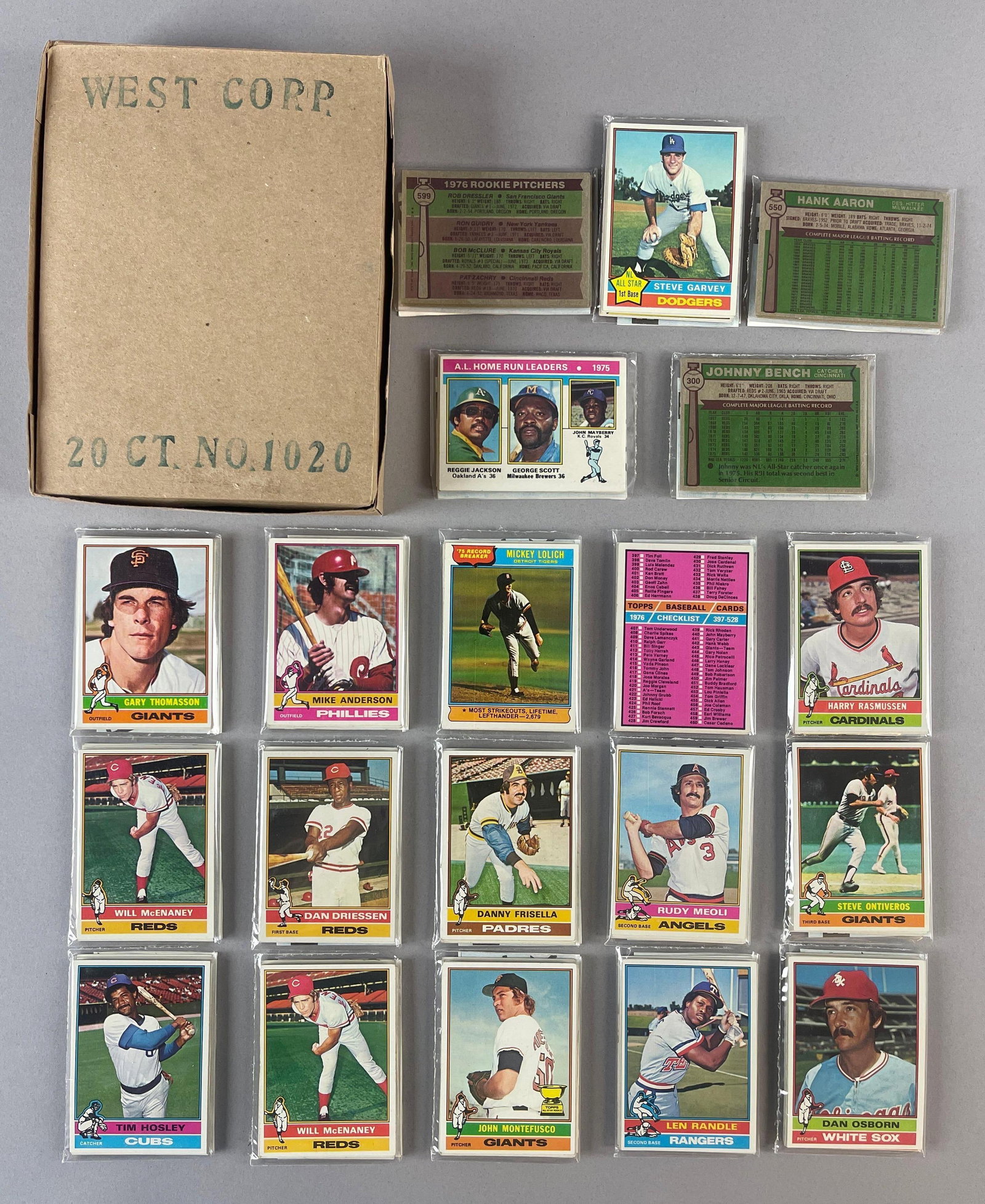 1976 Topps Baseball West Corps Cello Fun Pack Vending Box of 20 with HOFs: Includes Hank Aaron, Johnny Bench, Ron Guidey Rookie, and AL HR Leaders showing, 10 - Cards per pack, West Corps was a repacking company in the 1970s