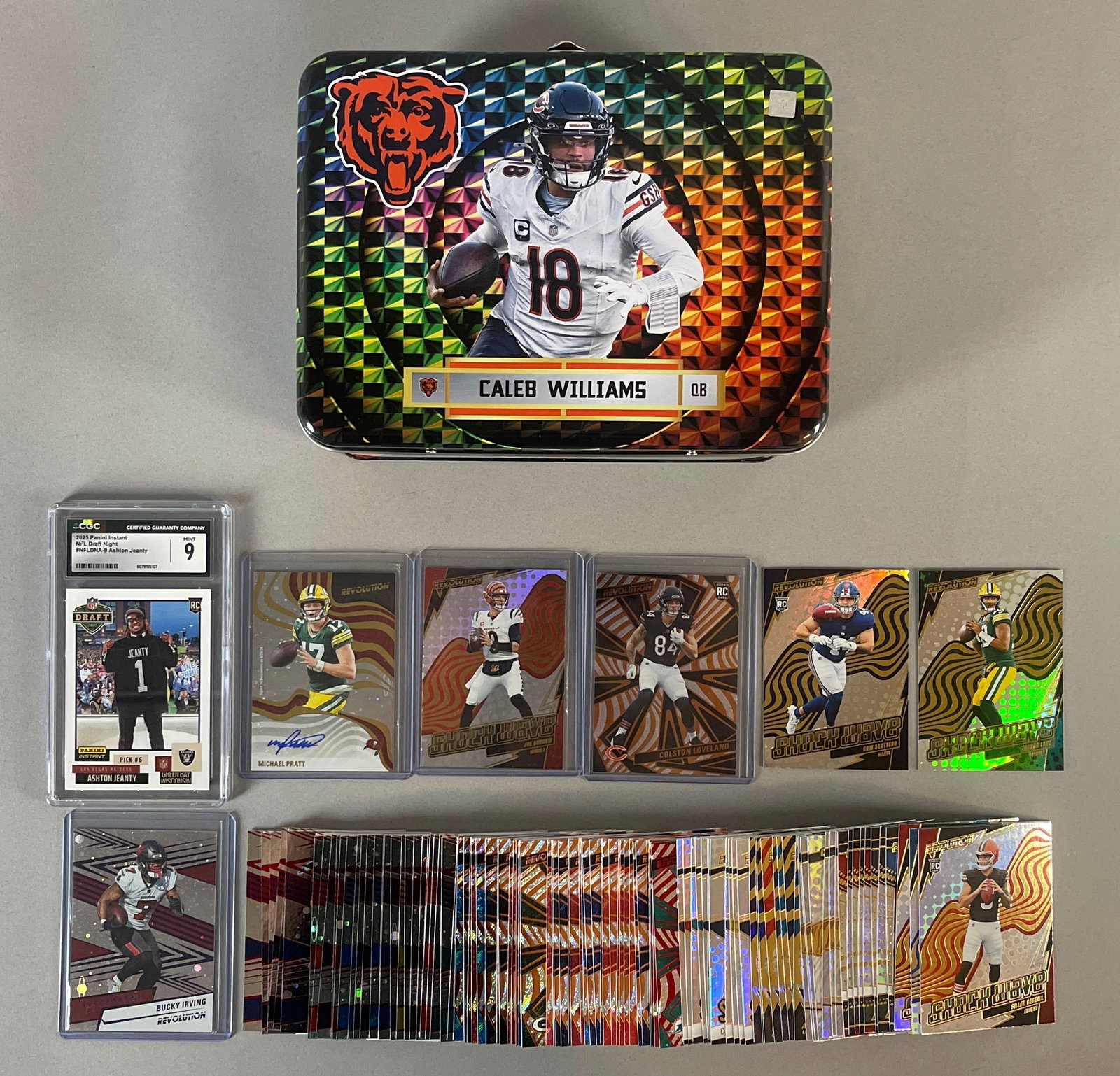 Caleb Williams Chicago Bears Lunch Box and 100+ 2025 Panini Revolution Cards (1 of 2)