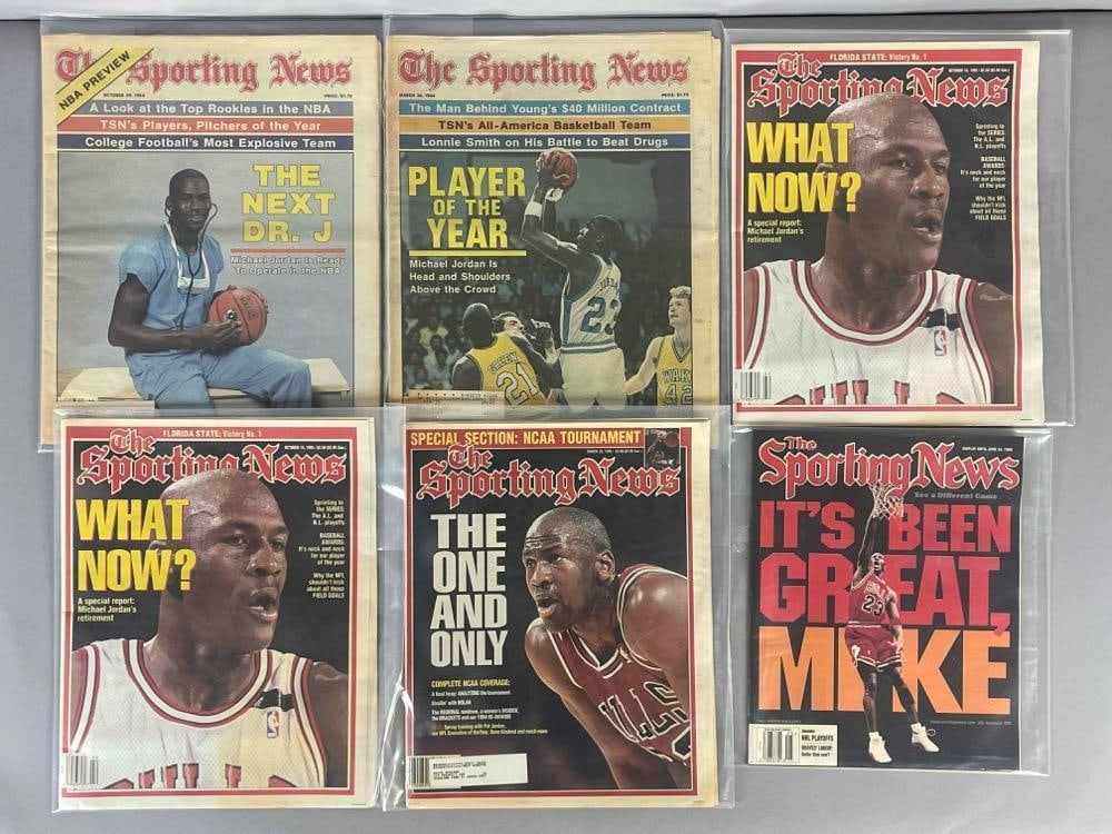 6 - 1984 - 98 The Sporting News Michael Jordan Covers including 1st: 1984 The Next Dr. J, Player of the Year, 1998 Its been great Mike, and More