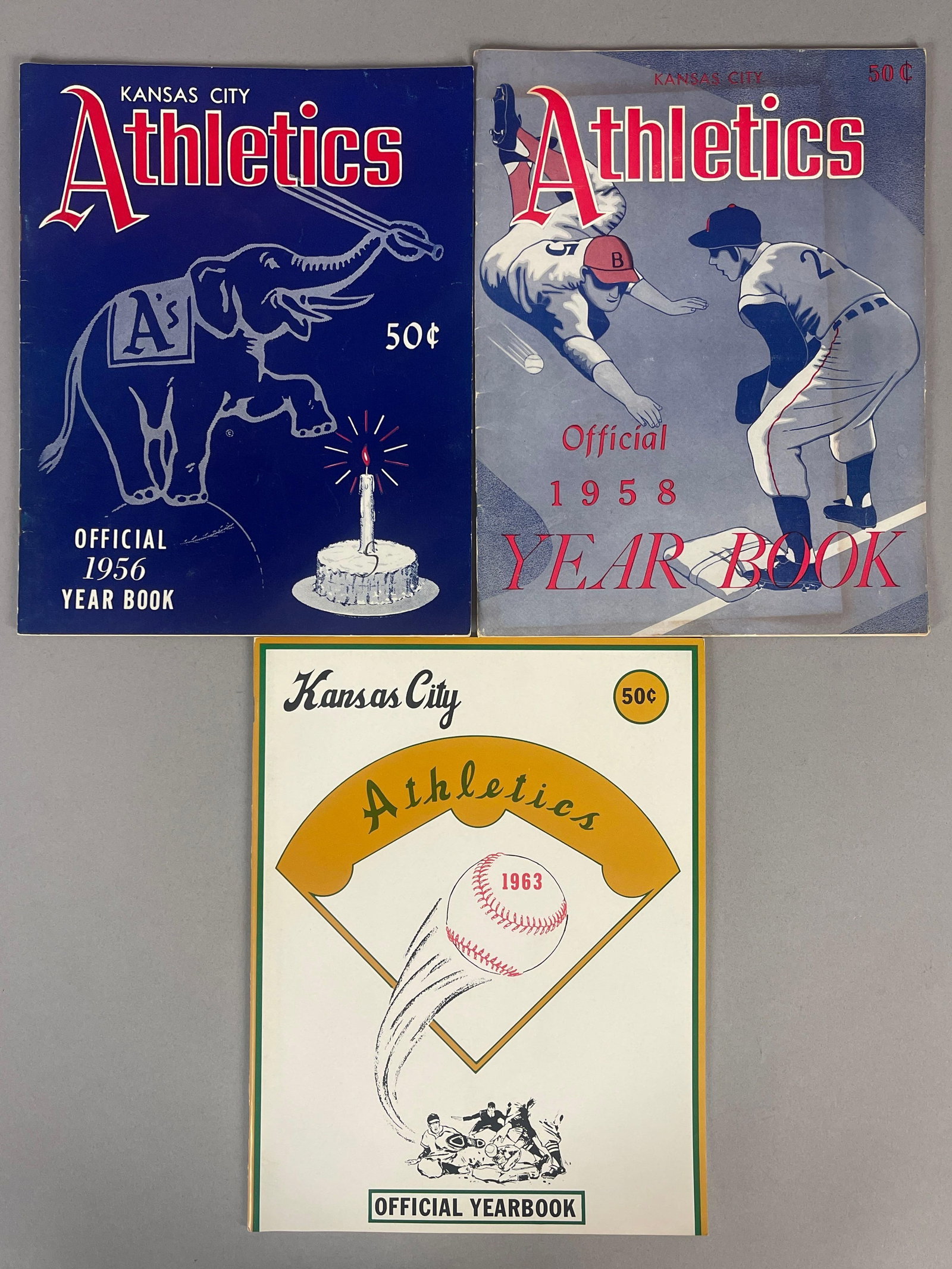 1956, 58, and 63 Kansas City Athletics Yearbooks: 1956 and 63 High-Grade, 1958 Average