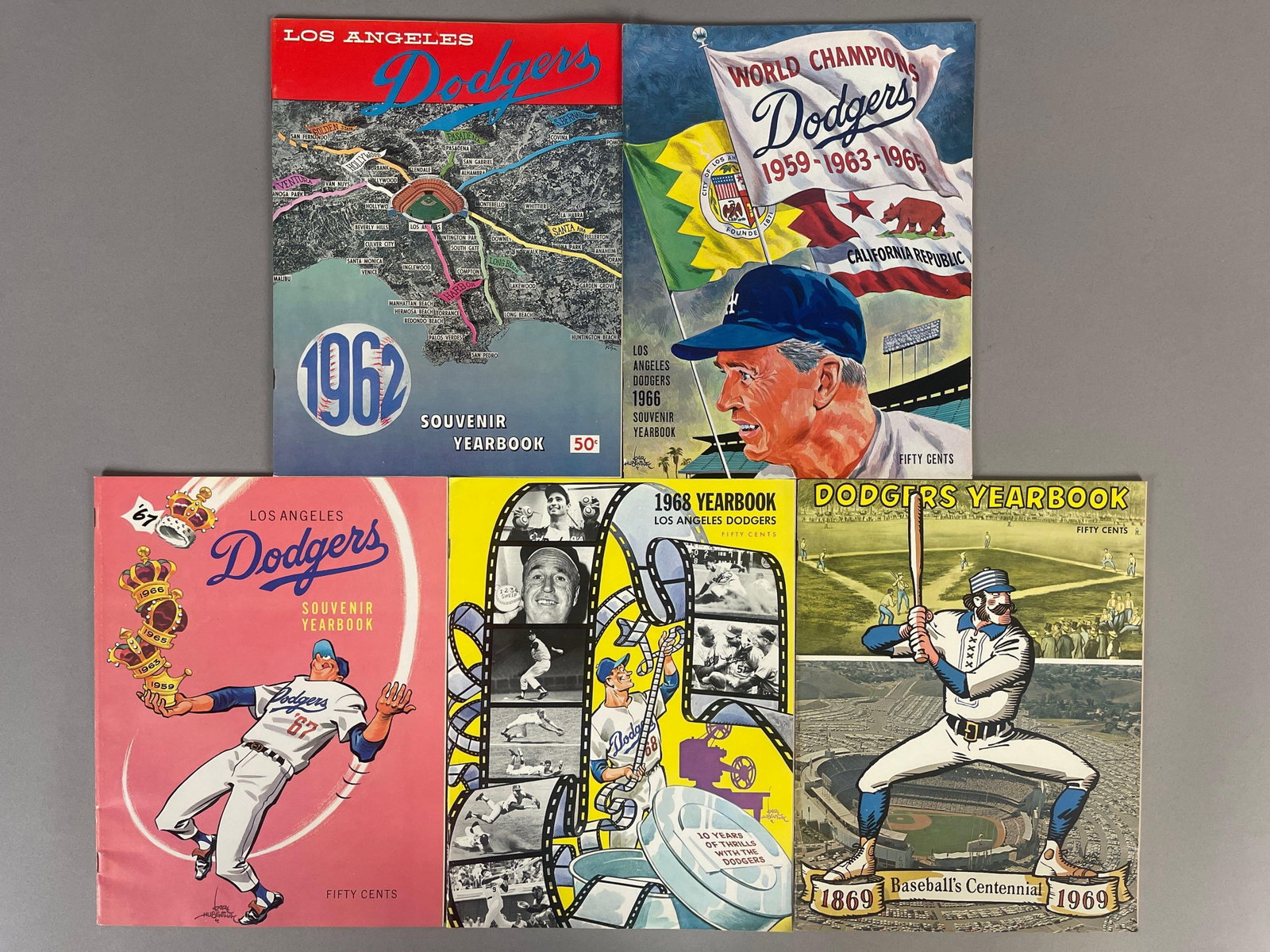 5 - 1962 - 69 Los Angeles Dodgers Yearbooks: Great condition 1962, 1966 - 69