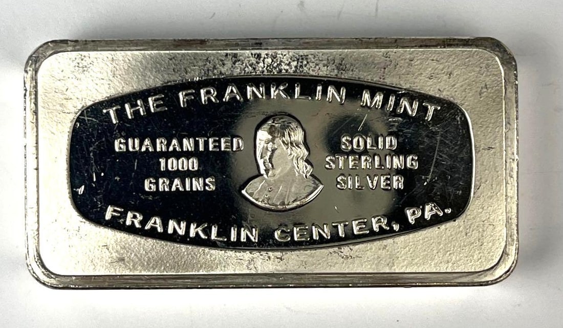1973 The Washington Mint 1000 Grains / 2.31 oz .925 Sterling Silver Ingot/ Bar: No. 24. Grenada Bank Mississippi.