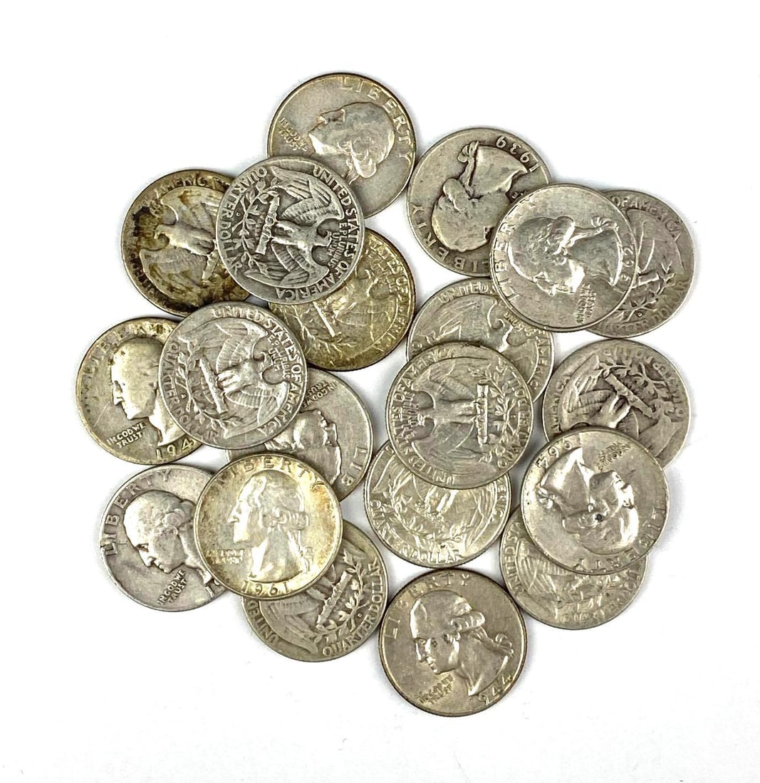 Group of 20 US Washington Silver Quarters: Various years