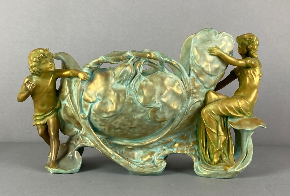 Antique Ernst Wahliss Art Nouveau Art Pottery Centerpiece Bowl: Marked on base, measures 7 1/2 inches H x 12 1/2 inches W x 6 inches D