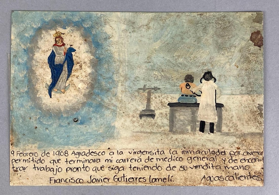 Vintage Mexican Retablo Religious Folk Art Hand Painting On Tin (1 of 2)
