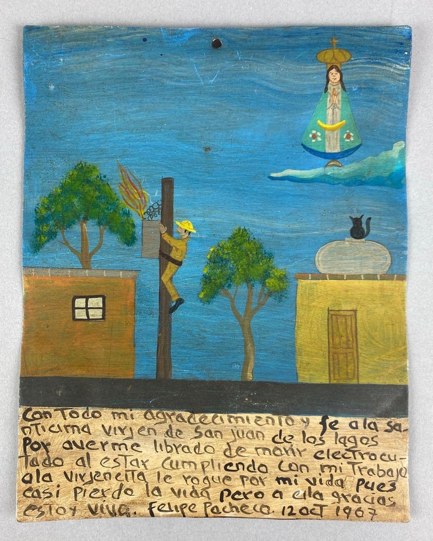 Vintage Mexican Retablo Religious Folk Art Hand Painting On Tin: Measures 9 1/2 inches H x 7 1/2 inches W