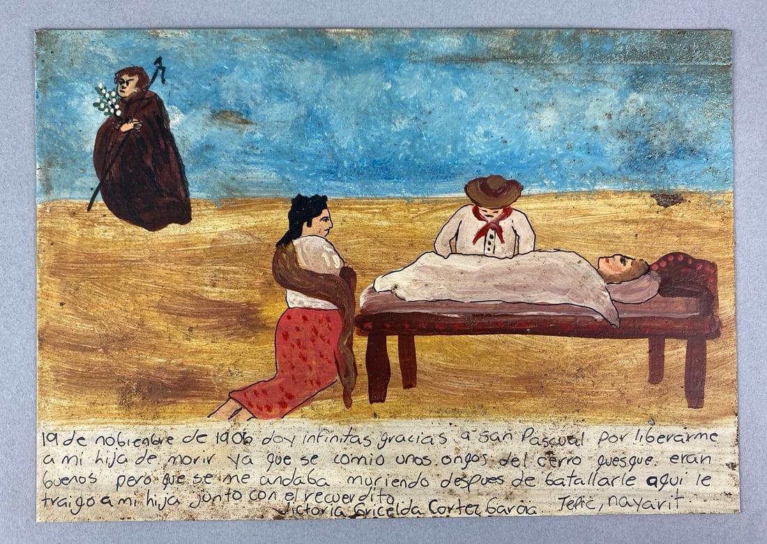 Vintage Mexican Retablo Religious Folk Art Hand Painting On Tin: Measures 6 3/4 inches H x 9 1/2 inches W