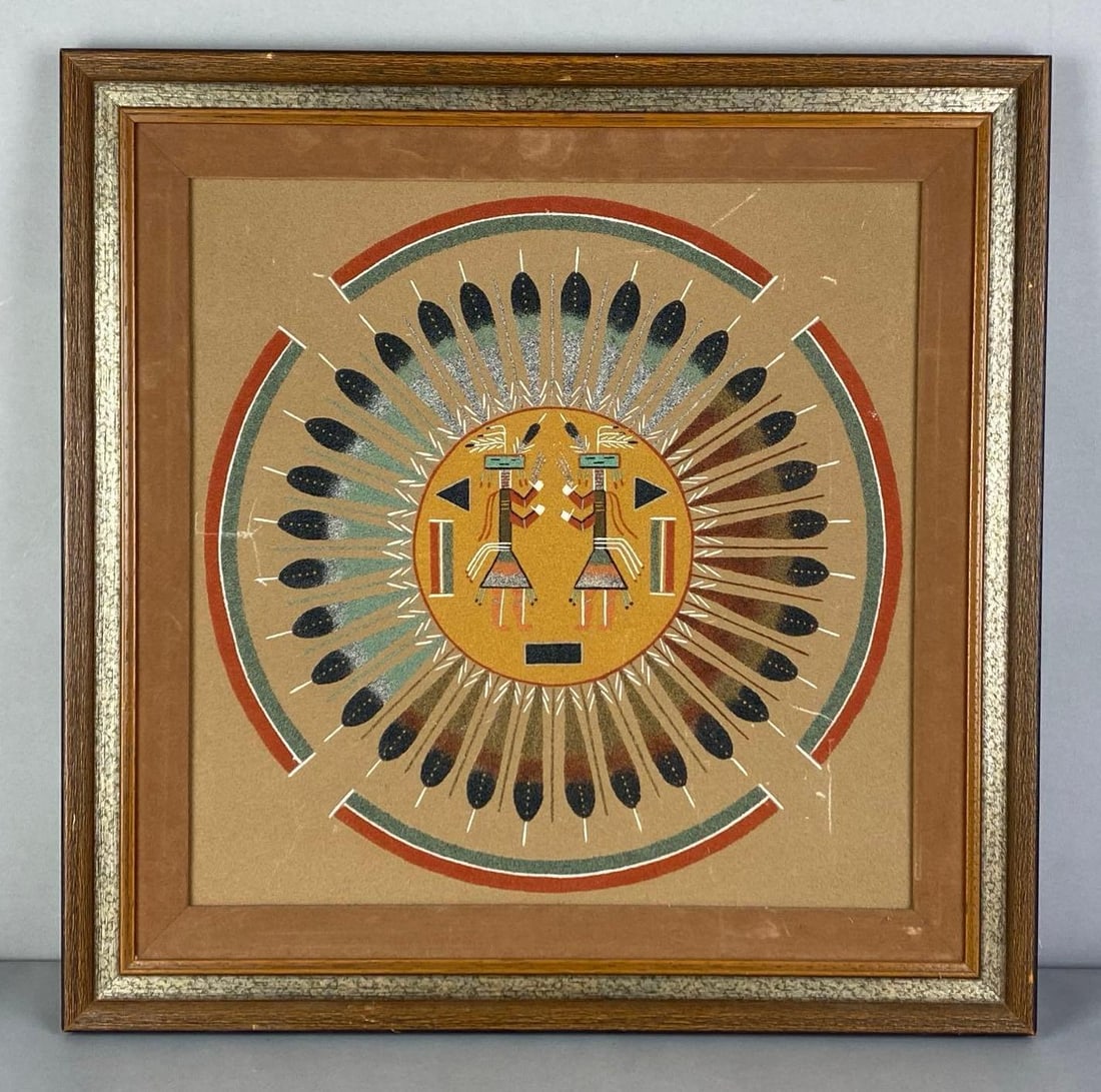 1961 Navajo Ralioios Sun and Eagle Cermonial Sand Painting: Frame measures 20 1/2 inches H x 20 1/2 inches W