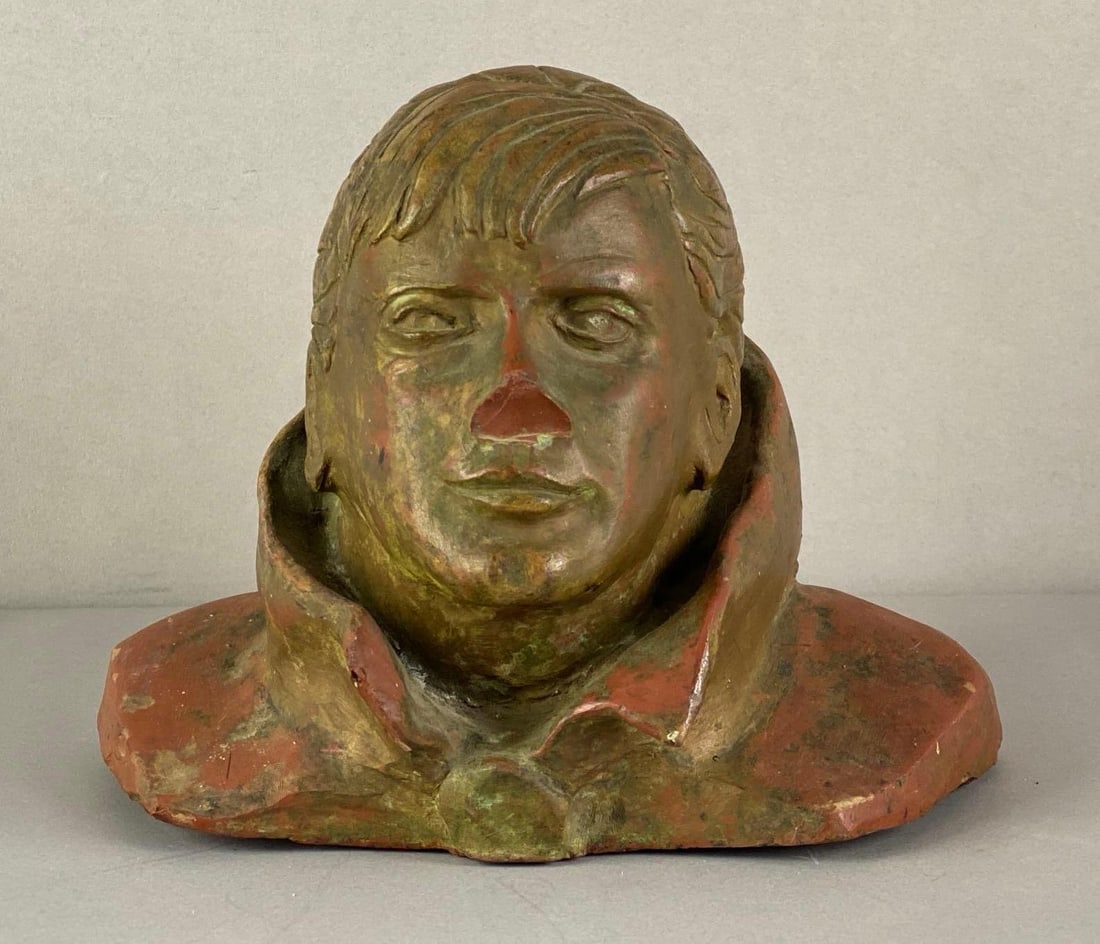 Outsider Art Female Pottery Bust: tip of nose missing, Measures 6 1/2 inches H x 8 inches W x 7 1/2 inches D