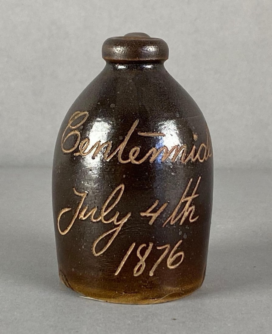 RARE July 4th 1876 US Centennial Stoneware Jug: Measures 3 inches H x 2 inches W x 2 1/4 inches D