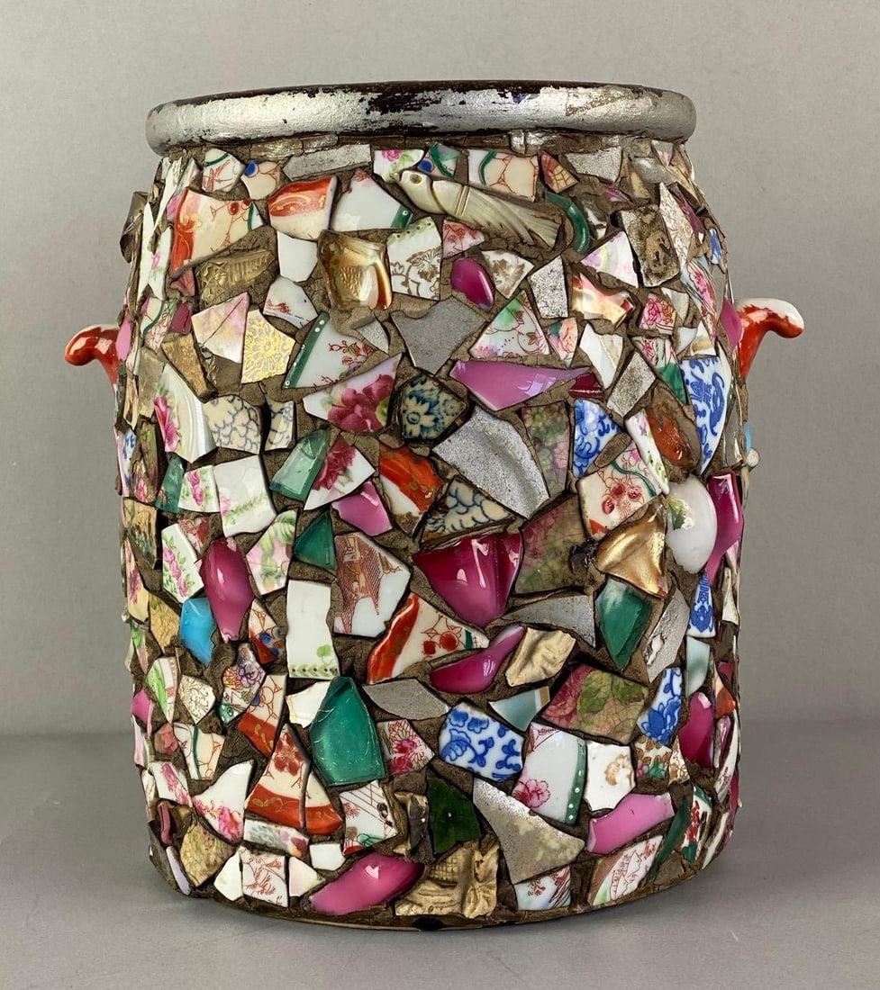 Vintage Folk Art Pottery Shard Memory Jug: Measures 9 inches H x 9 1/2 inches W x 7 1/2 inches D