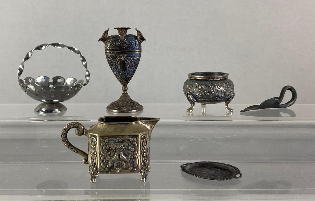 Vintage Group of Silver Miniature Doll House Items: Includes vase, basket, creamer and more, tallest measures 3 inches H