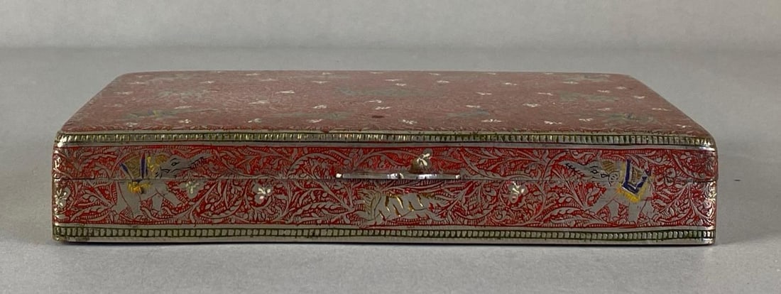 Antique Middle Eastern Animal Floral Motif Metal Box: Measures 1 inches H x 6 1/2 inches W x 4 inches D