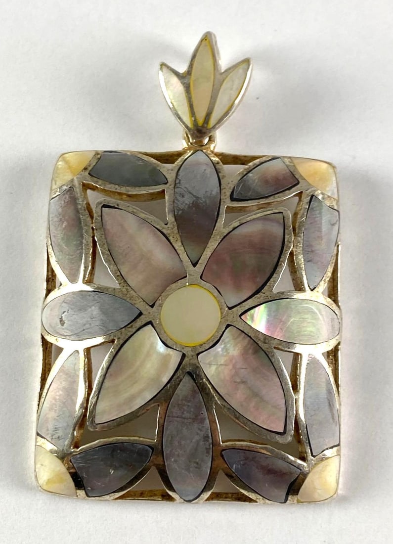 Sterling Silver Abalone Floral Pendant: Measures 2 1/2 inches H x 1 1/2 inches W