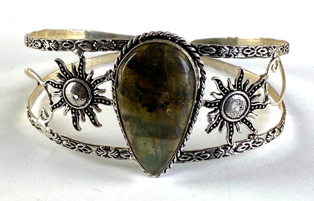 Silver Plated Costume Jewelry Sun Labradorite Cuff Bracelet: Inner circumference measures 8 inches with a 3/4 inches Opening