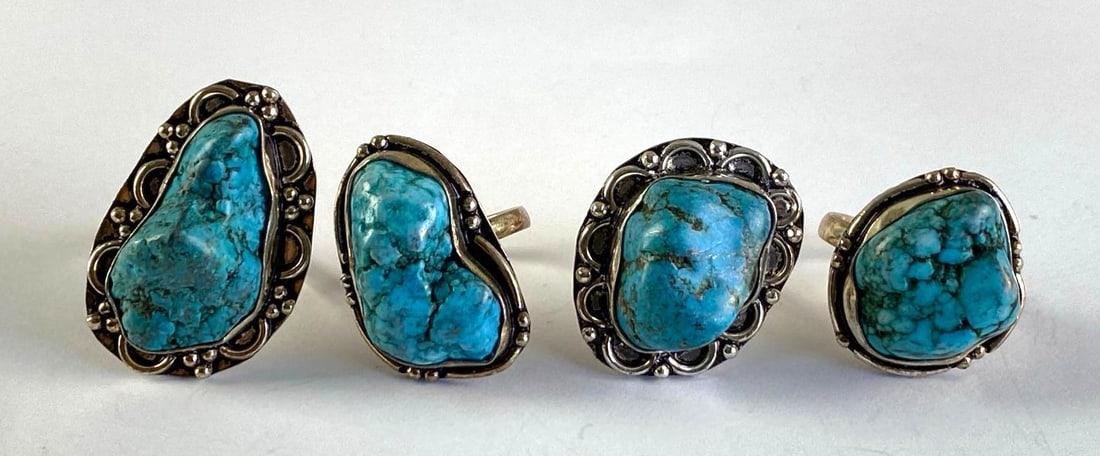 Group of 4 Sterling Silver Turquoise Chunk Rings: Sizes range from 7 - 7 1/2