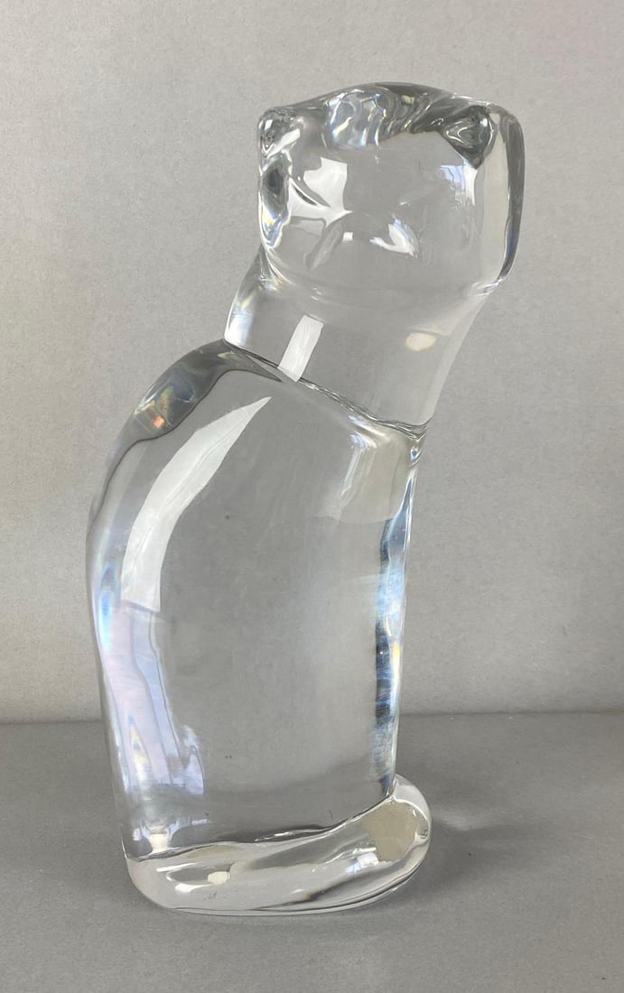 Orrefors Signed Crystal Sitting Cat Figurine: Signed on base, measured 9 inches H x 5 inches W x 4 inches D