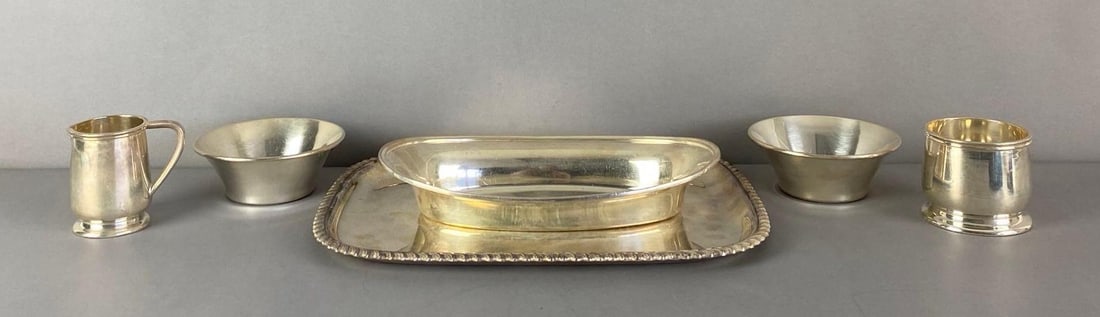 Group of Reed and Barton Silver Soldered Items: Includes tray, creamer, sugar and more, largest measures 9 1/2 inches H x 12 1/2 inches W