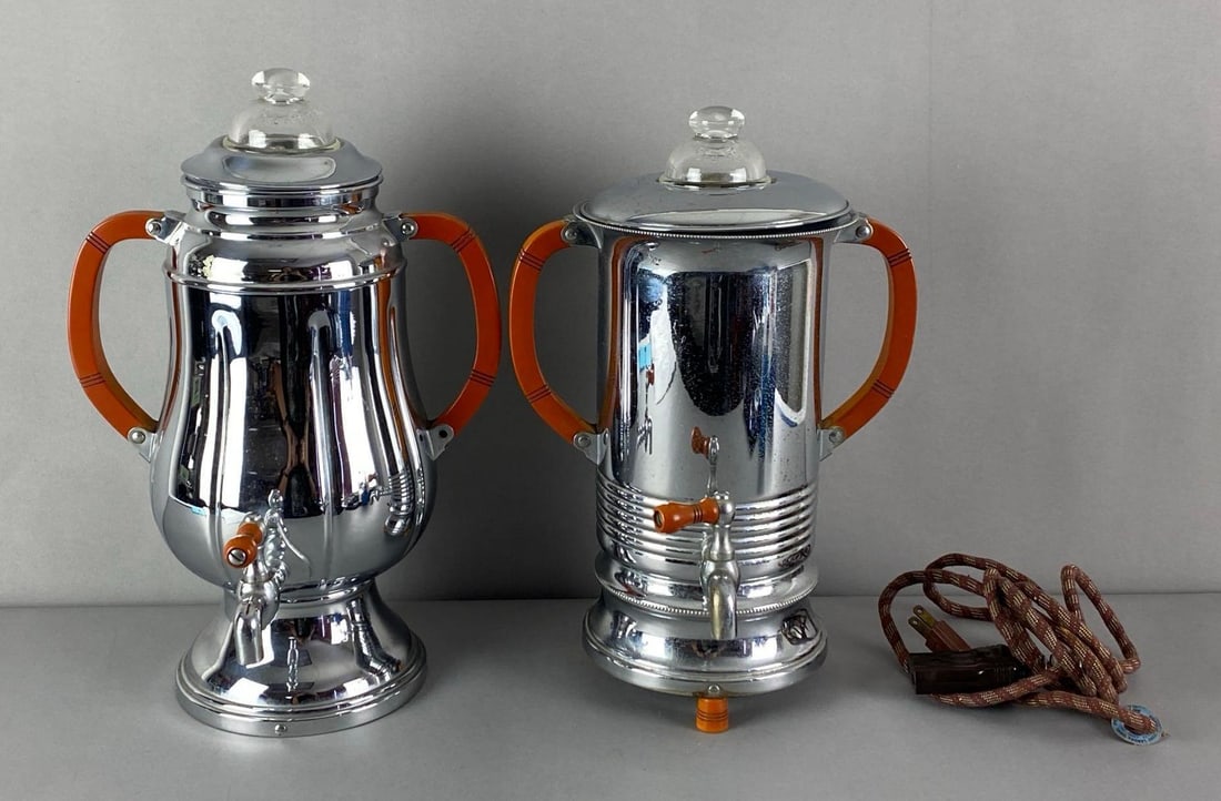 Mid Century Modern Farber Krome-Kraft Electric Coffee Pots: Untested, includes one power cable, largest measures 140 H x 9 inches W x 5 inches D