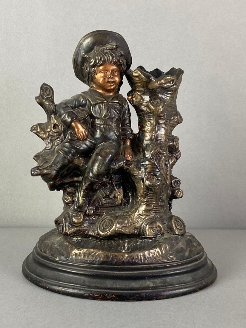 Vintage Figural Child Tabletop Pottery Smoking Stand: Repaired crack on tree, measures 8 inches H x 6 inches W x 5 inches D