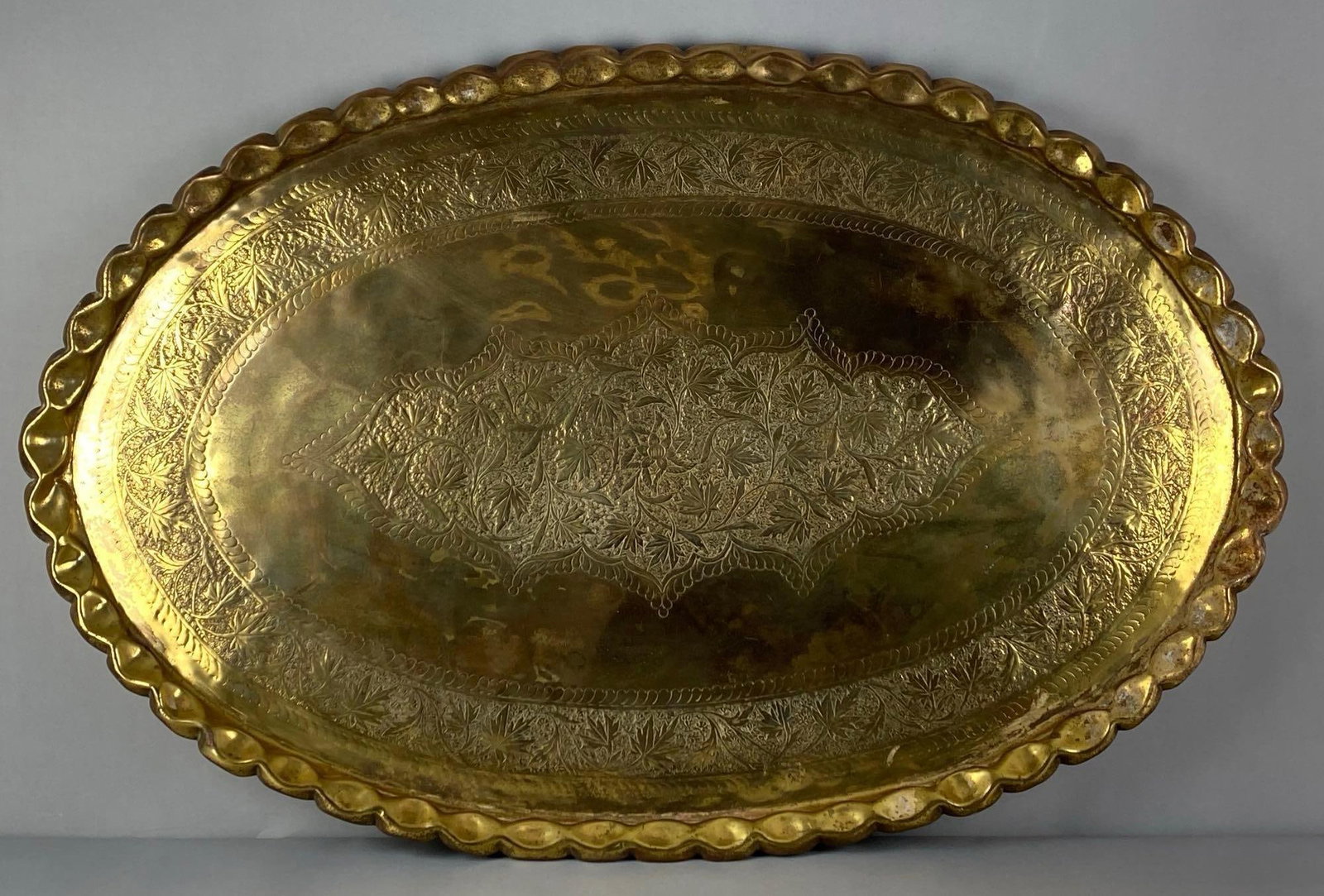ENORMOUS Brass Leaf Engraved Charger: NO IN HOUSE SHIPPING AVAILABLE, THIRD PARTY SHIPPING RECOMMENDED, Measures 29 inches H x 45 inches W