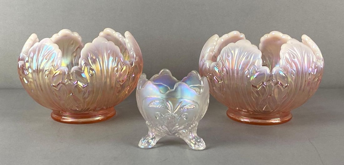 Group of Floral Iridescent Art Glass Bowls: Includes 2 Fenton Empress Lotus Bowls, largest each measures 4 1/2 inches H x 6 1/2 inches W x 6 1/2 inches D