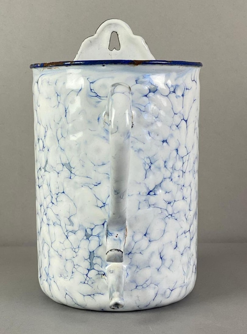 VDKB AND file HUY Enamelware Irrigating Jug: Some chipping, measures 9 inches H x 7 inches W x 5 1/2 inches D