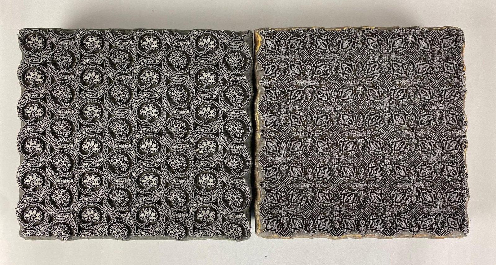 Group of 2 Wood Metal Textile or Wallpaper Print Blocks: Largest measures 2 inches D x 11 inches W x 10 inches D