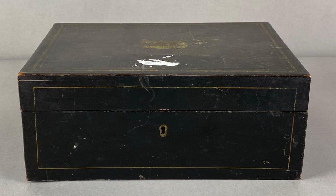 Antique Wood Locking Document/Treasure Box: no key, Measures 4 inches H x 9 1/2 inches W x 7 inches D