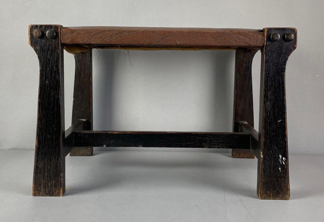 Antique Arts and Crafts Wood Stool with Leather Seat (1 of 4)