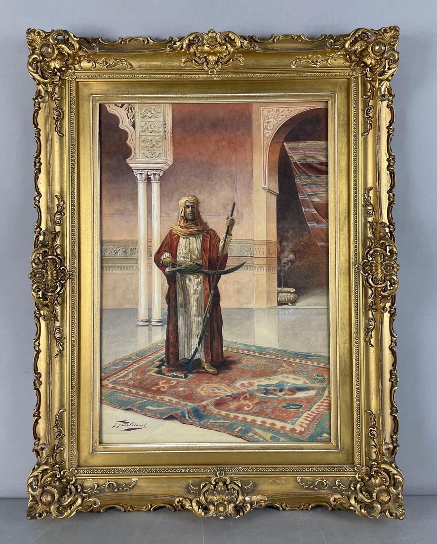 G. Giuliani Palace Guard Moorish Watercolor Painting: Signed, painting measures 20 3/4" x 14 1/4", ornate gilded frame measures 28 3/4" x 22"