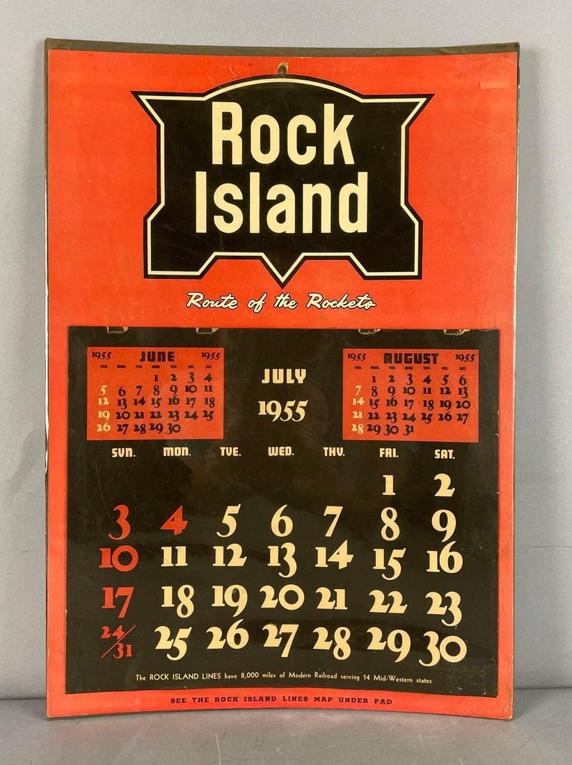 1955 Rock Island Railroad Advertising Calendar: July - forward, in plastic, measures 20 1/4" x 14 1/4"