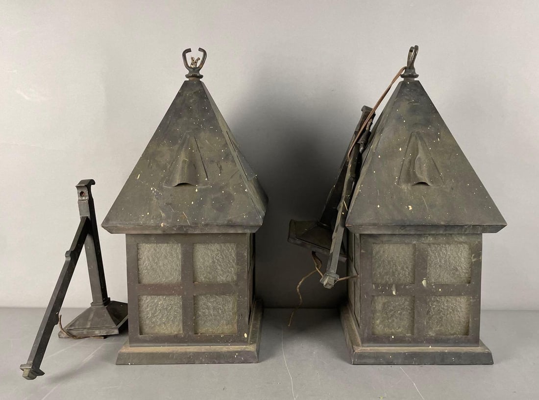 Pair of Arts and Crafts Cast Bronze Outdoor Sconces: Glass shades, need wired, hanging lantern measures 19" x 9" x 9"