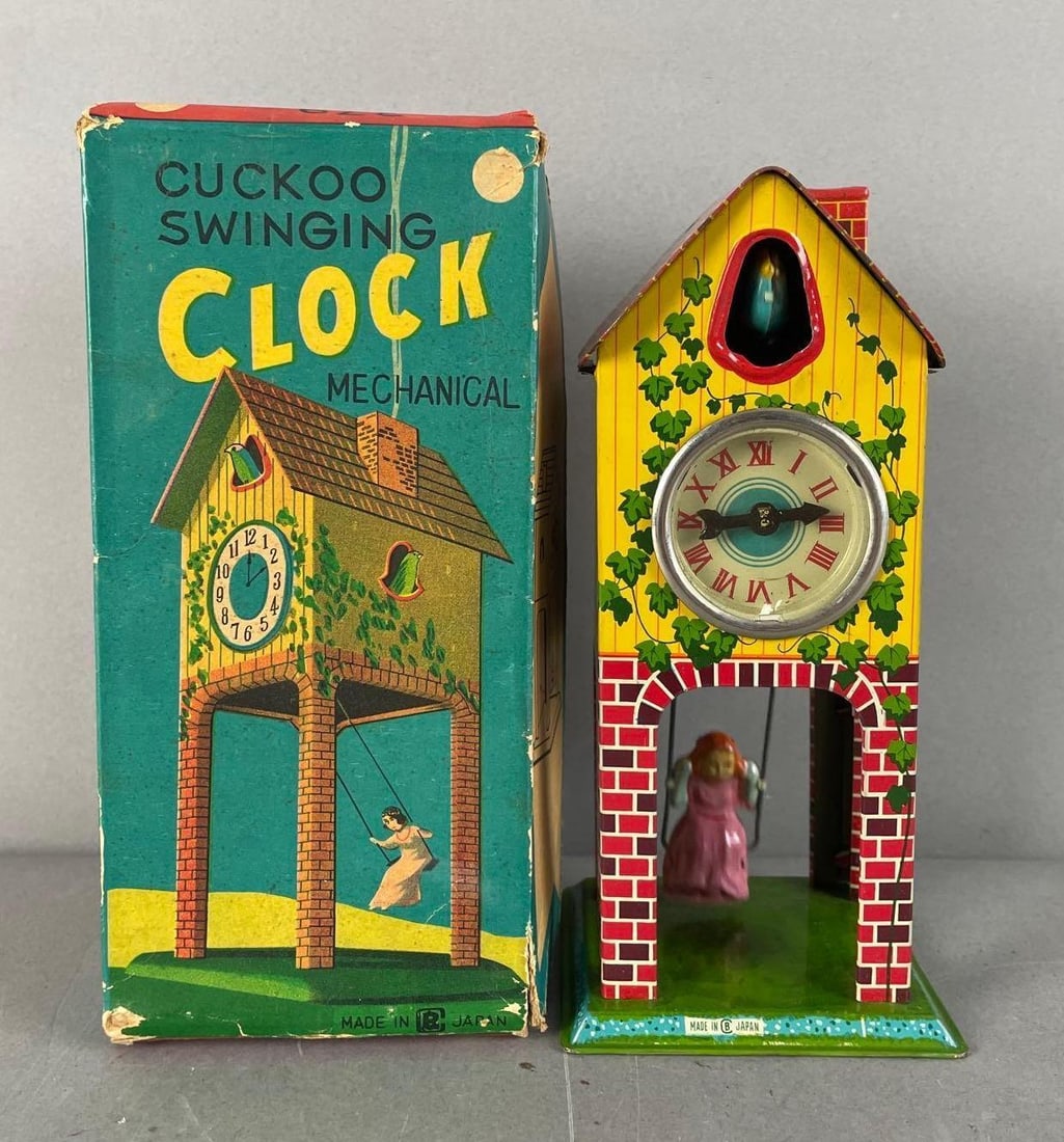 Vintage Japanese Tin Litho Wind-Up Swinging Cuckoo Clock: Working condition, original box measures 6 3/4" x 3 1/4" x 3"