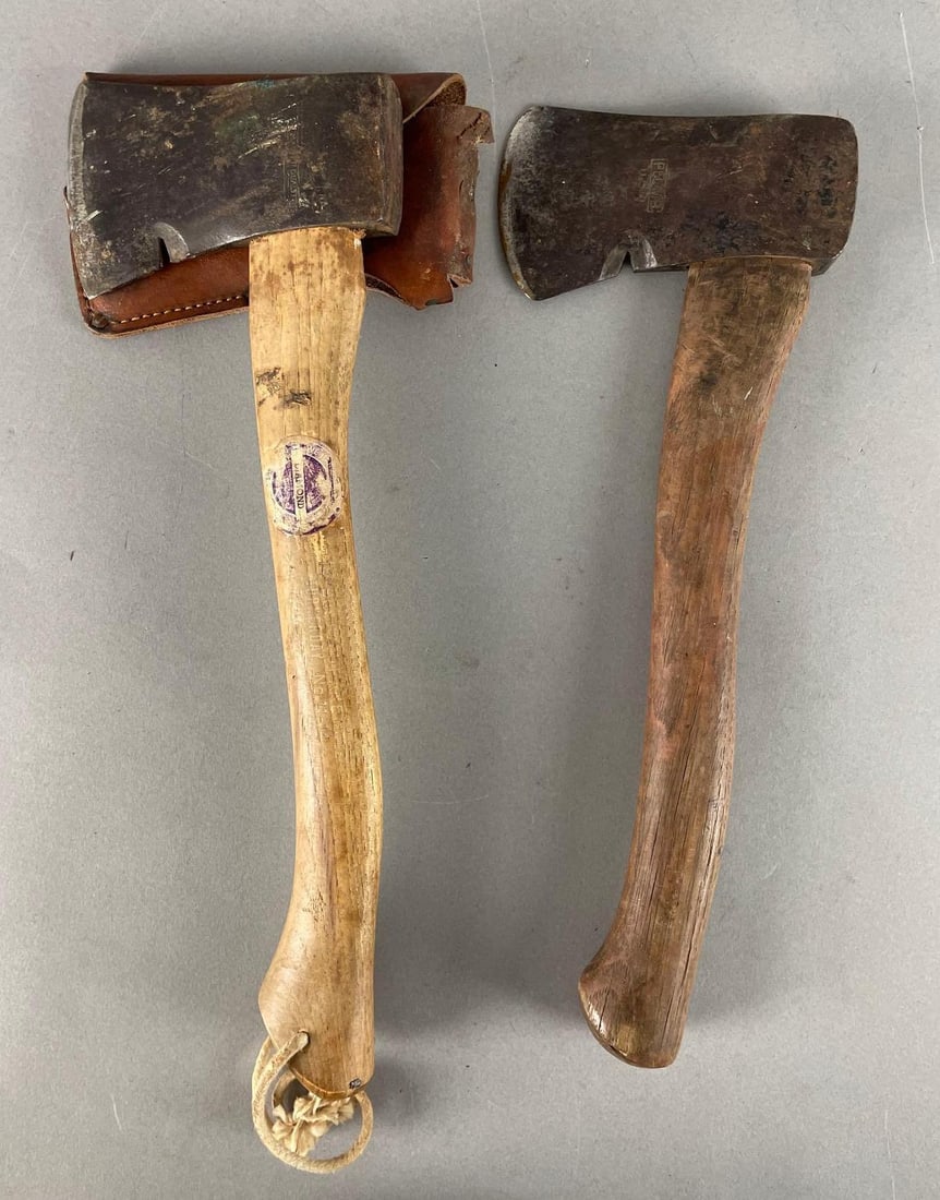 Group of 2 Vintage Hatchets: Includes plumb, diamond Boy Scouts with sheath measures 14 3/4" x 5 1/4"