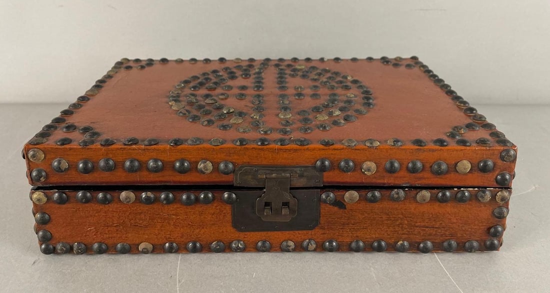 Folk Art Leather Studded Wood Jewelry Box: Measures 3 1/4" x 12" x 8"