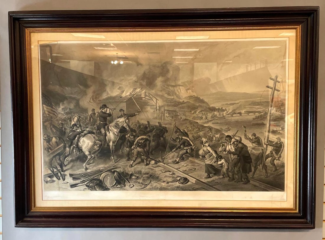 Signed Antique Sherman's March to the Sea Lithograph: 3rd party shipper recommended. Drawing by Felix Octavius Carr Darley, top corner missing, some staining, print measures 26 3/4" x 41", frame measures 36 1/4" x 50"