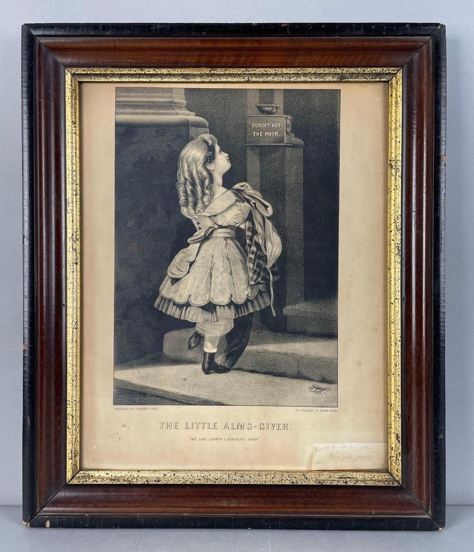 Antique Currier and Ives The Little Alms-Giver Lithograph: The lord Loveth a cheerful giver, litho measures 14 1/2" x 11 3/4", frame measures 18 1/2" x 15 1/2"
