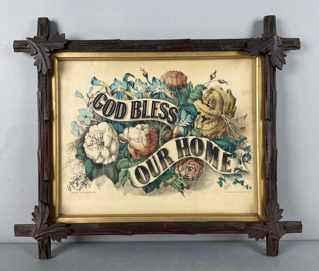 Antique Currier and Ives God Bless Our Home Floral Lithograph (1 of 4)