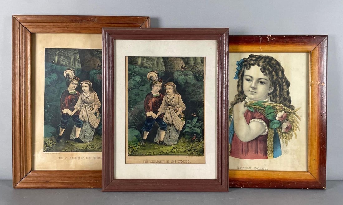 Group of 3 Antique Currier and Ives Children Lithographs: Largest frame measures 19 1/4" x 15 1/4"