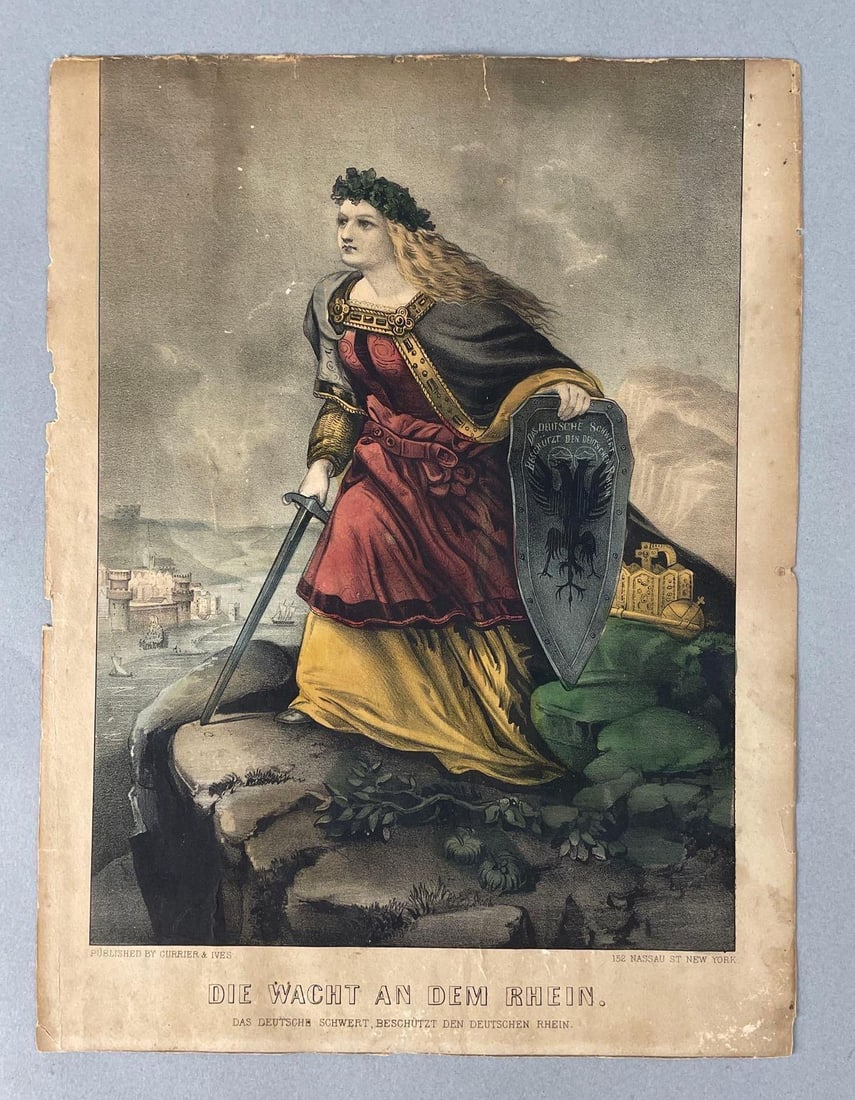 Antique Currier and Ives Die Wacht an Dem Rhein Lithograph: The guard on the Rhein, some rough edges, would frame nicely, measures 13" x 10"