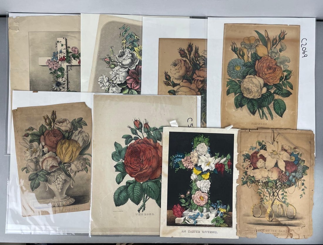 Group of Antique Currier and Ives Flower Bouquet Lithographs (1 of 5)
