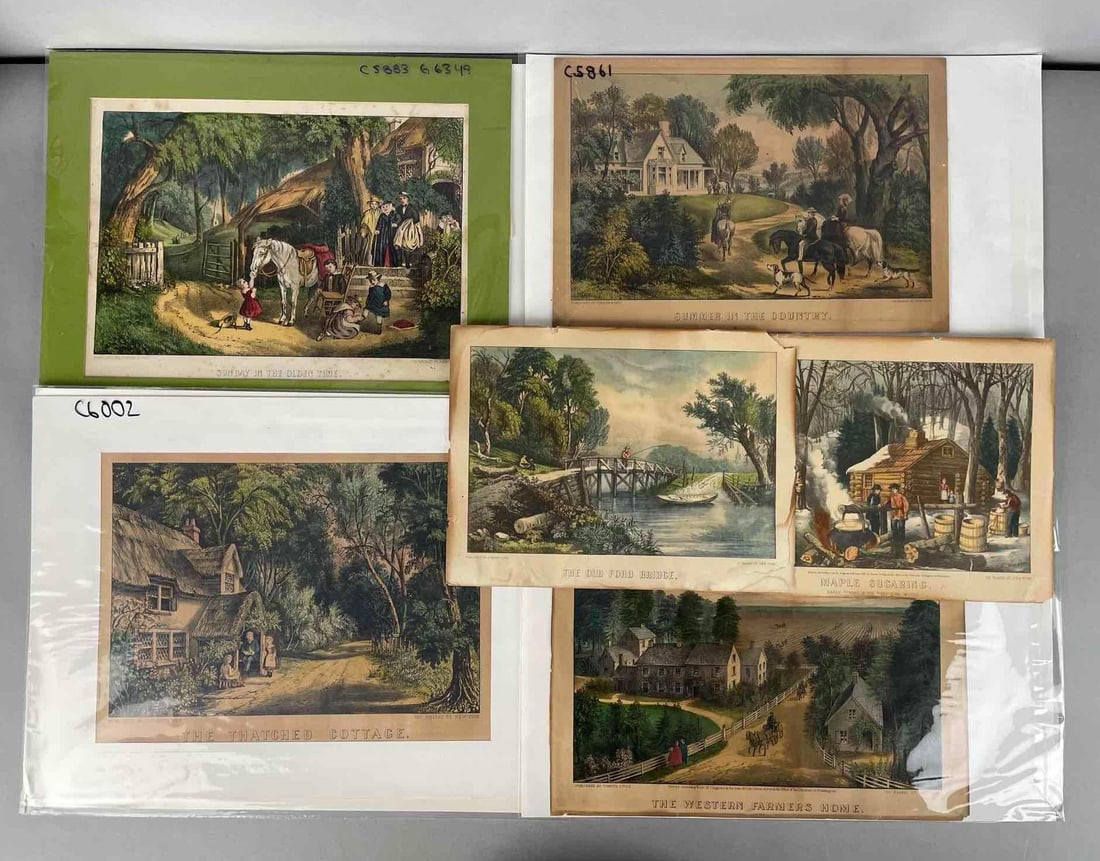 Group of Antique Currier and Ives Homestead Lithographs: The thatched cottage matting measures 13 1/2" x 18"